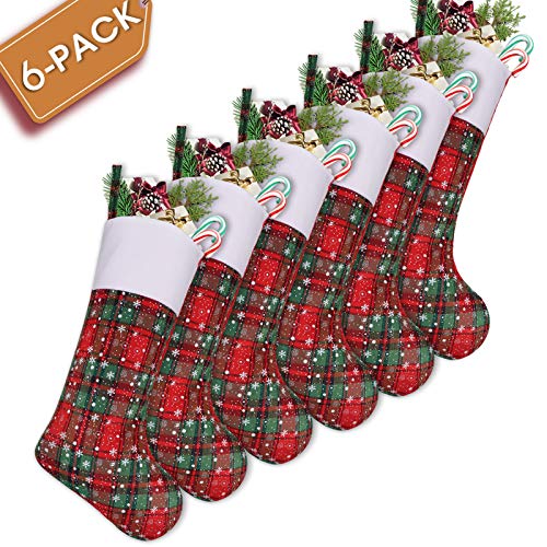 Product Cover LimBridge Christmas Stockings, 6 Pack 18 inches Plaid Snowflake Print Christmas Stockings, Xmas Holiday Home Decorations
