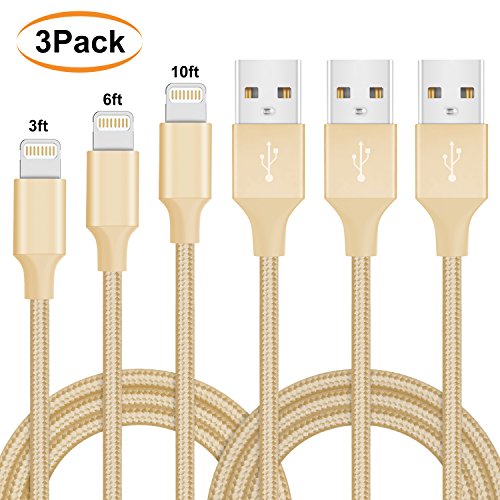 Product Cover ilikable iPhone Lightning Cable, 3Pack 3FT 6FT 9FT MFi Certified Long Nylon Braided Charging Cord Compatible with iPhone 11 Xs Max XR X 8 7 Plus 6 Plus 6 SE iPad iPro More - Gold