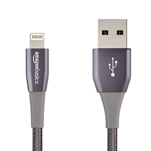 Product Cover AmazonBasics Double Nylon Braided USB A Cable with Lightning Connector, Premium Collection, MFi Certified iPhone Charger, 4 Inch, Dark Grey