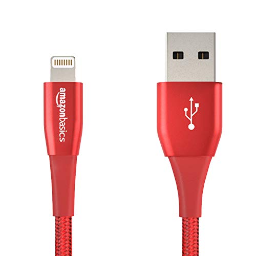Product Cover AmazonBasics Double Nylon Braided USB A Cable with Lightning Connector, Premium Collection, MFi Certified iPhone Charger, 4 Inch, Red