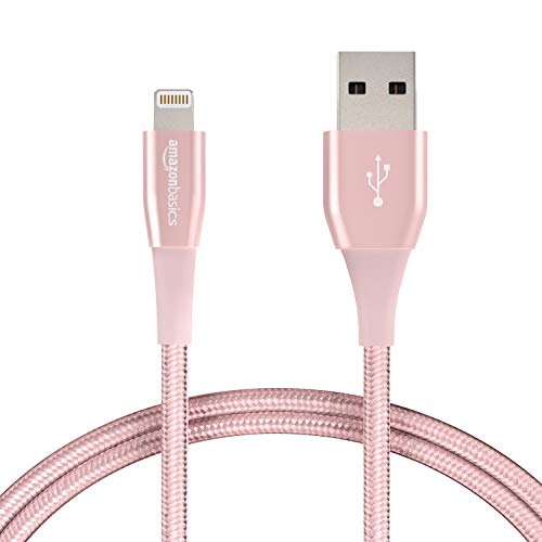 Product Cover AmazonBasics Double Nylon Braided USB A Cable with Lightning Connector, Premium Collection, MFi Certified iPhone Charger, 3 Foot, Rose Gold