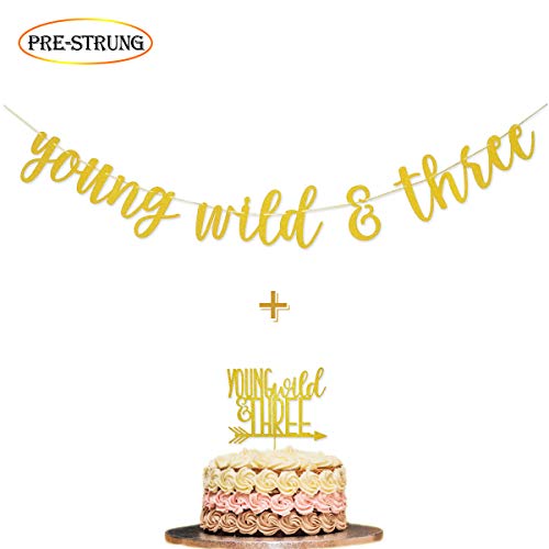 Product Cover Wulagogo Young Wild & Three Gold Glitter Banner Sign for Wild Three Boho Tribal Themed 3rd Birthday Party Supplies