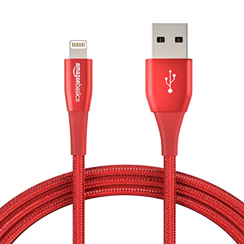 Product Cover AmazonBasics Double Nylon Braided USB A Cable with Lightning Connector, Premium Collection, MFi Certified iPhone Charger, 6 Foot, 2 Pack, Red