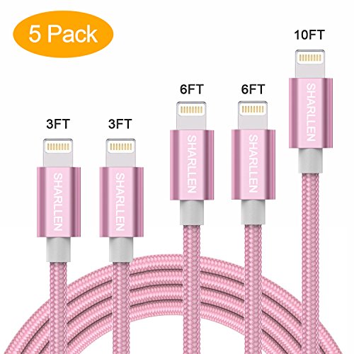 Product Cover SHARLLEN Phone Cable 5Pack [3/3/6/6/10FT] Nylon Braided USB Charging & Syncing Extra Long Cord Compatible iPhone X/8/8 Plus/7/7 Plus/6s/6s Plus/SE/iPad iPod Nano (Rose Gold)...