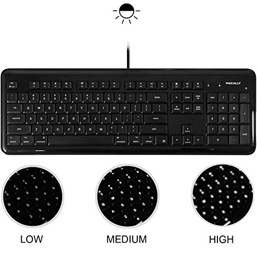 Product Cover Macally Full Size USB Wired Backlit Keyboard for Apple Mac iMac Desktops Mac Mini, or MacBook Pro/Air Laptop Computers - White LEDs with 3 Level Brightness, Black