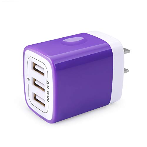 Product Cover USB Charger Adapter, Ailkin 3.1A 3-Port Powerful Universal Home Travel USB Fast Charging Adapter Plug Replacement for iPhone X/8/7/Plus, Samsung Galaxy Series, Huawei, HTC, LG, Kindle (Purple)