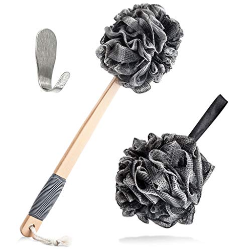 Product Cover Loofah Shower Pouf Bath Sponge Back Scrubber Set by Toem | Includes 1 Long Handled Lufah, 1 Bath & Shower Luffa Pouf & 1 Self Adhesive Hook To Hang Stuff | Set Made With Bamboo Charcoal Fiber