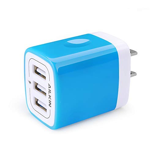 Product Cover USB Charger Multi Port, Ailkin Micro USB Charger Charging Block USB Wall Plug Travel Charger Outlet Fast Charger Brick USB Charging Block Compatible iPhone iPad, iPhone, and iWatch (Blue/3Port)