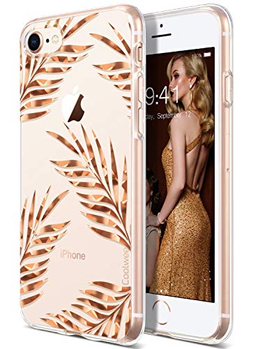 Product Cover Coolwee iPhone 8 Case,Clear iPhone 7 Case Rose Gold Thin Shiny Glitter Floral Foil Tropical Cute Light Soft TPU Bumper Protective Cover for Apple iPhone 7 iPhone 8 4.7 inch (Spackle Series) Leaves