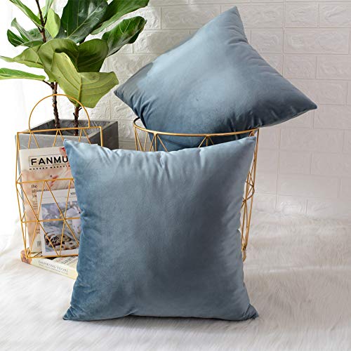 Product Cover MERNETTE Pack of 2, Velvet Soft Decorative Square Throw Pillow Cover Cushion Covers Pillow case, Home Decor Decorations for Sofa Couch Bed Chair 18x18 Inch/45x45 cm (Grey Light Blue)