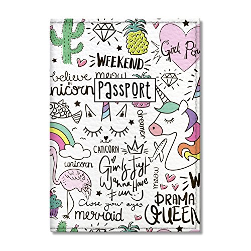 Product Cover Quttie, Cute Vegan Eco Leather Passport Cover for Women, Men, Kids (Ladies Unicorn Pattern)
