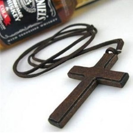Product Cover VNDEFUL Wooden Cross Pendant Leather Rope Necklace Men's and Women's Fashion Necklace Sweater Chain(Black Rope)