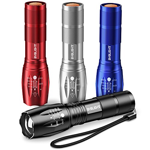 Product Cover Pack of 4 Tactical Flashlights, BYBLIGHT 800 Lumen Ultra Bright XML-T6 LED Flashlight with 5 Modes, Zoomable, Waterproof, Handheld Small Flashlight for Outdoor Camping, Fishing and Hunting (colorful)