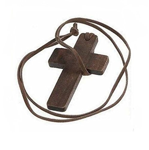 Product Cover VNDEFUL Wooden Cross Pendant Leather Rope Necklace Men's and Women's Fashion Necklace Sweater Chain(Brown Rope)