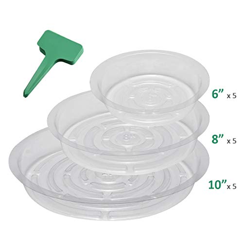 Product Cover GROWNEER 15-Pack Clear Plant Saucer Drip Trays, with 15 Pcs Plant Labels, Plastic Plant Pot Saucers Flower Pot Set for Indoor Outdoor Garden, Assorted Sizes - 6/8/10 Inch, 5 Pcs of Each Size