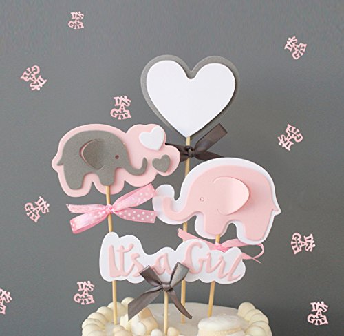 Product Cover Pink Elephant Cake Topper It's a Girl Heart Pink Confetti Pink Elephant Themed Cupcake Picks for Kids Birthday Baby Shower Decorations Supplies