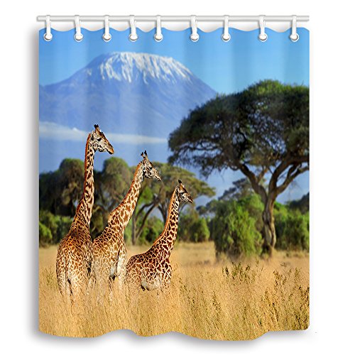 Product Cover NYMB National Park of Kenya Africa Wildlife Animal Shower Curtain, Nature Safari Giraffes in Mountain, Waterproof Decorative Curtain for Bathroom, Bath Curtains Hooks Included, 70X70in