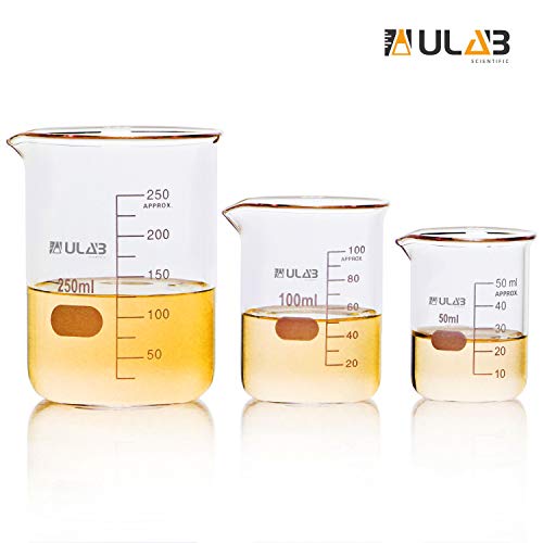 Product Cover ULAB Scientific Glass Beaker Set, 3 Sizes 50ml 100ml 250ml, 3.3 Boro Griffin Low Form with Printed Graduation, UBG1001
