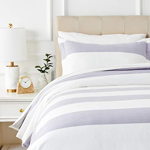 Product Cover AmazonBasics Everyday Flannel Duvet Cover and 1 Pillow Sham Set - Twin or Twin XL, Grey Stripe