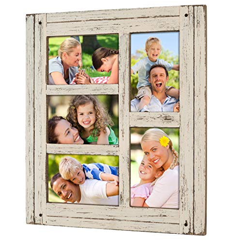 Product Cover Collage Picture Frames from Rustic Distressed Wood: Holds Five 4x6 Photos: Ready to Hang or use Tabletop. Shabby Chic, Driftwood, Barnwood, Farmhouse, Reclaimed Wood Picture Frame Collage (White)