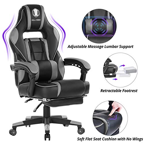 Product Cover KILLABEE Massage Gaming Chair High Back PU Leather PC Racing Computer Desk Office Swivel Recliner with Retractable Footrest and Adjustable Lumbar Support, Gray/Black