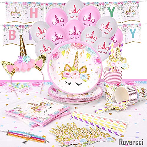 Product Cover Unicorn Party Supplies Set & Tableware Kit | Birthday Decorations Bunting, Disposable Paper Plates, Cups, Napkins, Straws, Plastic Table Cloth, & Bonus Balloons, Bracelet, Head Band - Serves 16