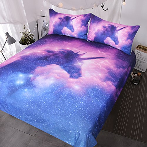 Product Cover BlessLiving Galaxy Unicorn Bedding Kids Girls Psychedelic Space Duvet Cover 3 Piece Pink Purple Sparkly Unicorn Bedspread (Twin)