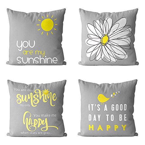 Product Cover MIULEE Pack of 4 Decorative Cute Throw Pillow Covers Yellow On Grey Cushion Case Outdoor Shell Pillow Case for Car Sofa Bed Couch 18 x 18 Inch (Bird Sunshine Flower)