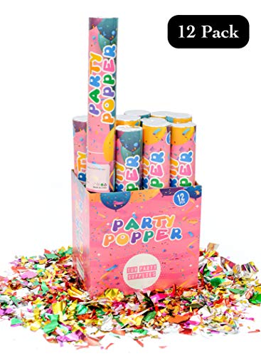 Product Cover 12 Piece Confetti Cannon Party Poppers (12 Inch) in Decorated Box - TUR Party Supplies Authentic Giant Confetti Cannons for Parties, Birthdays, Weddings, and More - Safe and Fun for Family and Friends