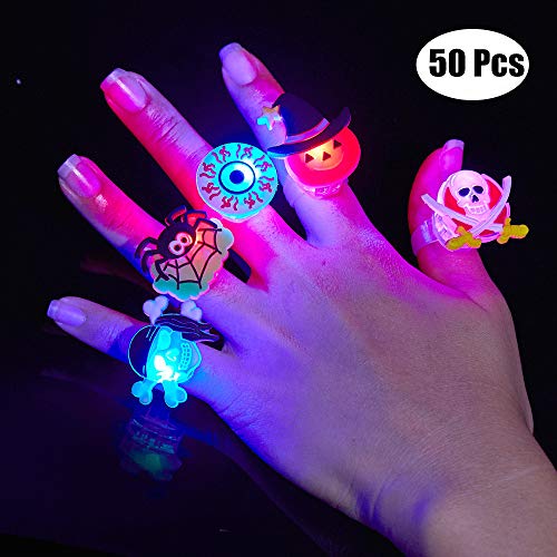 Product Cover BUDI 50Pc Halloween Party Favors LED Flash Rings for Kids and Adults Halloween Treats Non Candy Gift Bag Fillers Great Assortment of 50