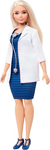 Product Cover Barbie Doctor Doll, Curvy, Dressed in White Coat with Stethoscope and Blonde Hair, Gift for 3 to 7 Year Olds