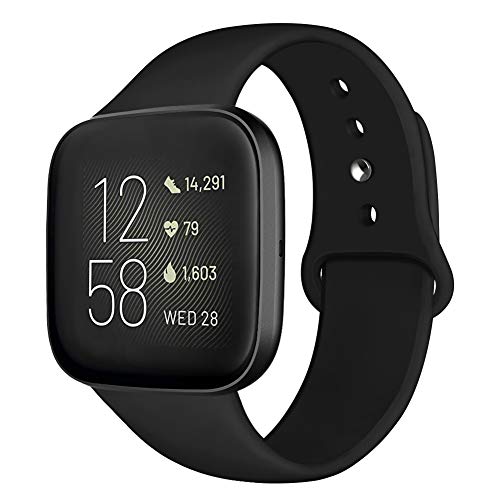 Product Cover Kmasic Sport Band Compatible with Fitbit Versa/Fitbit Versa 2/Fitbit Versa Lite Edition, Soft Silicone Strap Wristband Versa Smart Fitness Watch, Small, Black