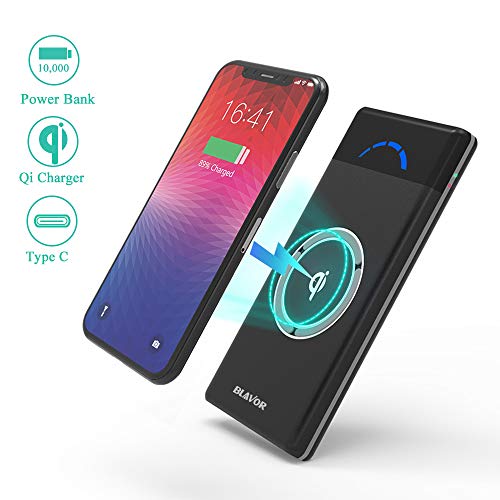 Product Cover BLAVOR Wireless Power Bank 10,000mAh, Portable Wireless Charger Qi Power Bank Compatible with iPhone 8/8plus/X All Qi-Enabled Devices, 5V 2.1A Phone Battery Charger Type C Port LCD Screen