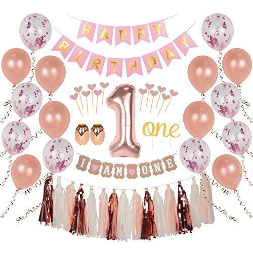 Product Cover Ellia First Birthday Girl Decorations, 1st Smash Cake Fun Party Set, Rose Gold Pink Decor - 
