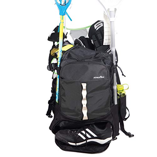 Product Cover Athletico Lacrosse Bag - Extra Large Lacrosse Backpack - Holds All Lacrosse or Field Hockey Equipment - Two Stick Holders and Separate Cleats Compartment (Black)