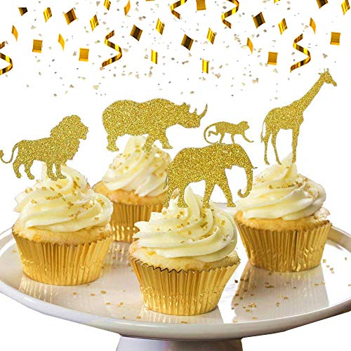 Product Cover 30 Pcs JeVenis Gold Glitter Jungle Safari Animal Cupcake Toppers Jungle Animals Cake Decorations for Jungle safari Animals Party Baby Showers Birthday Party