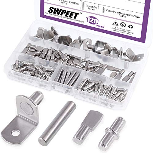 Product Cover Swpeet 120Pcs 4 Styles Shelf Pins Kit, Top Quality Nickel Plated Shelf Bracket Pegs Cabinet Furniture Shelf Pins Support for Shelf Holes on Cabinets, Entertainment Centers