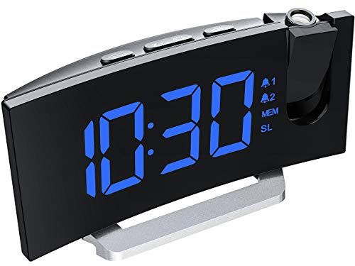 Product Cover Mpow Projection Alarm Clock, 5'' LED Curved-Screen Digital Alarm Clock, 15 FM Radio, Dual Alarm with 4 Alarm Sounds, 6 Dimmer, 12/24 Hour, USB Phone Charger, Projection Clock on Ceiling Bedroom