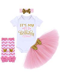 Product Cover It's My 1/2 / 1st / 2nd Birthday Outfit Baby Girls Romper + Ruffle Tulle Skirt + Sequins Bow Headband + Leg Warmers Socks Party Dress up Costume 4Pcs Photo Cake Smash Clothe Set Pink 1 Year