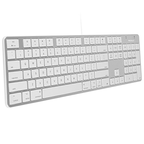 Product Cover Macally Ultra-Slim USB Wired Keyboard with Number Keypad for Apple Mac Pro, MacBook Pro/Air, iMac, Mac Mini, Laptop Computers, Windows Desktop PC Laptops, Silver (SLIMKEYPROA)
