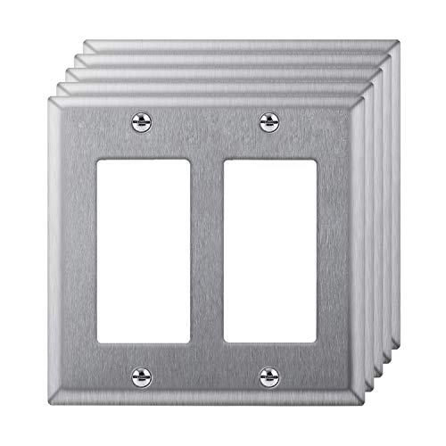Product Cover [5 Pack] BESTTEN 2 Gang Decorator Metal Wall Plate, Stainless Steel Outlet Cover, Durable Corrosion Resistant Industrial Grade 304SS Material, Silver