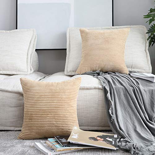 Product Cover Home Brilliant Decor Supersoft Striped Velvet Corduroy Decorative Throw Toss Pillowcase Cushion Cover for Chair, Taupe, 2 Pack(50x50 cm, 20inch)