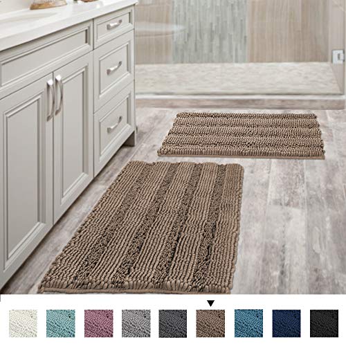 Product Cover Extra Thick Chenille Striped Pattern Bath Rugs for Bathroom Non Slip - Soft Plush Shaggy Bath Mats for Bathroom Floor, Indoor Mats Rugs for Entryway (Taupe Brown, 32 x 20 Plus 24 x 17 - Inches)