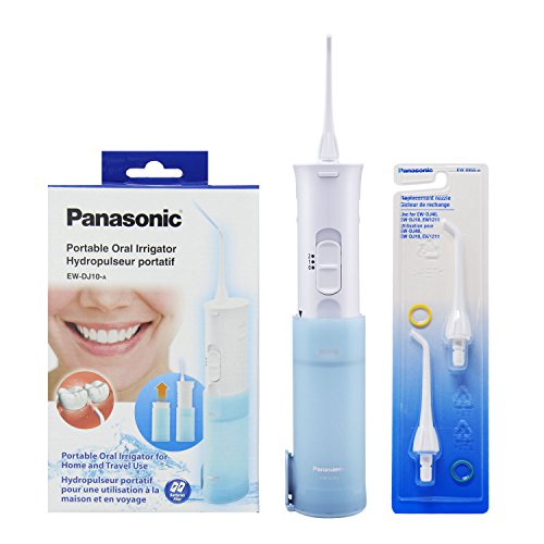 Product Cover Panasonic EW-DJ10-A Portable Dental Water Flosser | BEST Electric Flosser & Oral Irrigator | PERFECT for Travel - AA Battery Operated, Collapsible, Waterproof | PLUS 2 Nozzle Replacement Parts EW0955W