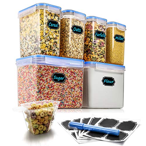 Product Cover Airtight Food Storage Containers - Wildone Cereal & Dry Food Storage Container Set of 6, Leak-proof & BPA Free, With 1 Measuring Cup & 20 Chalkboard Labels & 1 Chalk Marker