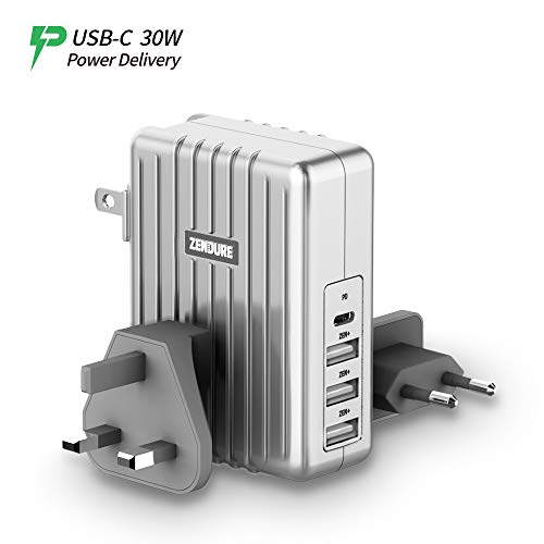 Product Cover USB-C Wall Charger, Zendure 4-Port 45W PD Charger with a 30W Power Delivery Port (QC 3.0 Compatible) and 3 Zen+ Smart Fast-Charging Ports for MacBook, iPhone X/ 8 Plus, Samsung S8 and More - Silver