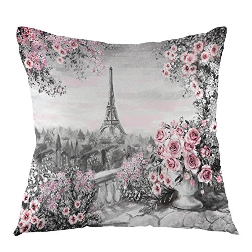 Product Cover oFloral Eiffel Tower Throw Pillow Cover Romantic Love Flower Square Cushion Covers for Couch Sofa Home Bedroom Living Room Decorative Pillow Sham 18 x 18 Inch Grey Pink