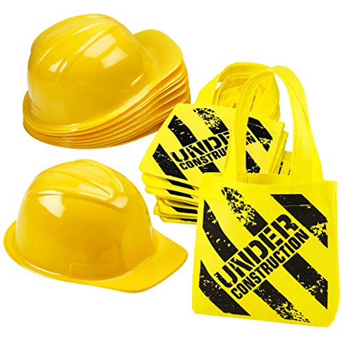 Product Cover Construction Birthday Party Supplies - (24 Pack) Construction Party Hat & Mini Tote Bag Supplies - (12) Yellow Toy Hats and (12) Under Construction Goodie Bags