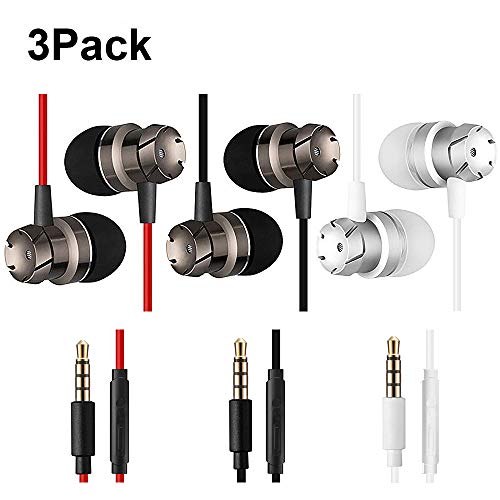 Product Cover KEKU 3 Packs Earbud Headphones Remote & Microphone, in Ear Earphone Stereo Sound Noise Isolating Tangle Free iOS Android Smartphones, Laptops, Gaming, Fits All 3.5mm Interface Device Black/Red/White