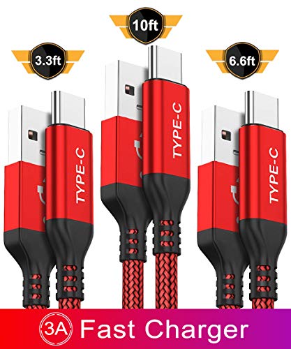 Product Cover USB Type C Cable,AkoaDa 3-Pack (10ft+6.6ft+3.3ft) USB A to USB-C Fast Charger Nylon Braided Cord Compatible with Samsung Galaxy Note 9 8 S8 S9 S10 10 Plus,LG V50 V40 G8 G7 Thinq,Moto Z Z3,Switch(Red)